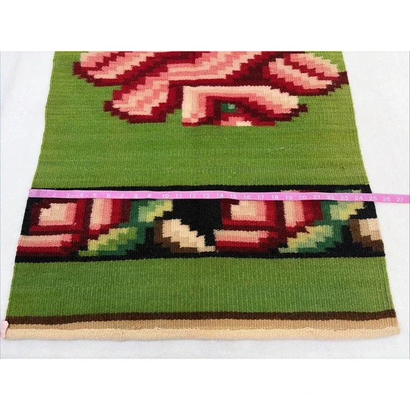 Vintage Woven Wool Red Rose, Green, Black, Tan Rug or Wall Hanging 4' x 2’ - Picture 5 of 8